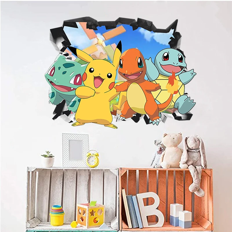 

Pokemon Anime 3D Broken Wall Sticker Pikachu Charmander Bulbasaur Squirtle Room Decoration Sticker Children's Toy Birthday Gift