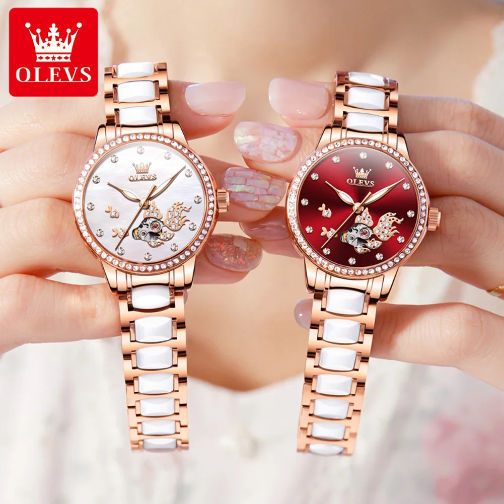 OLEVS Brand Luxury Automatic Mechanical Watch Women Fashion Ladies Watch Elegant Ceramics Wristwatch Casual Female Montre Femme