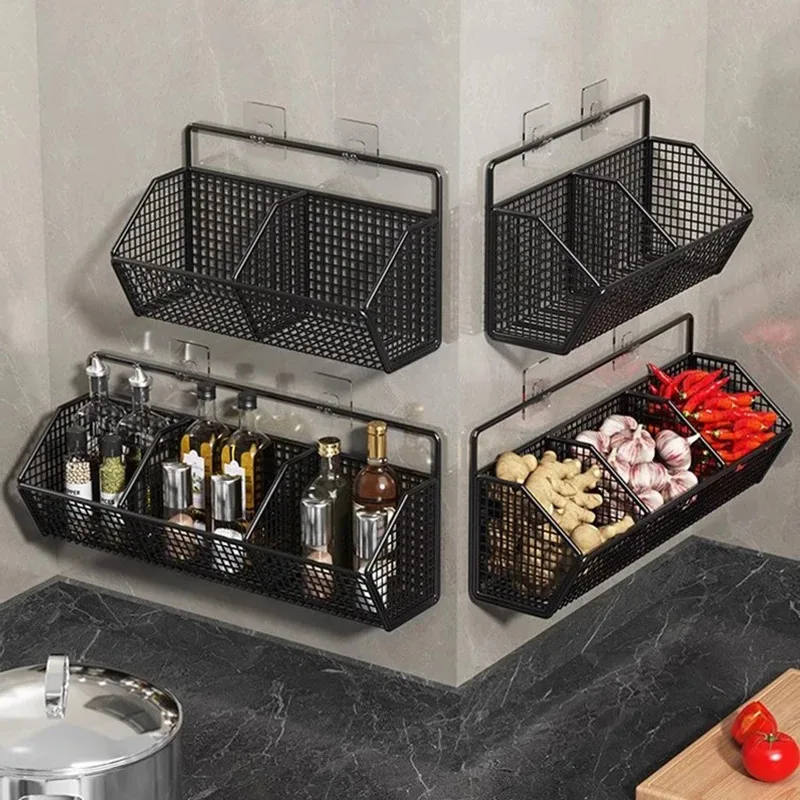 Kitchen Wall Mounted Storage Rack Onion Ginger Garlic Condiments Spice Kitchen Shelf Punch-Free Vegetable Fruit Drain Basket - 2