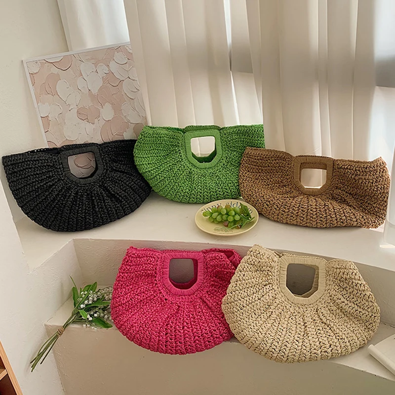 Woven Straw Bag Moon Large Capacity Purse and Handbag For Women Beach Basket Bags Fashion Travel Shoulder Shopper Totes