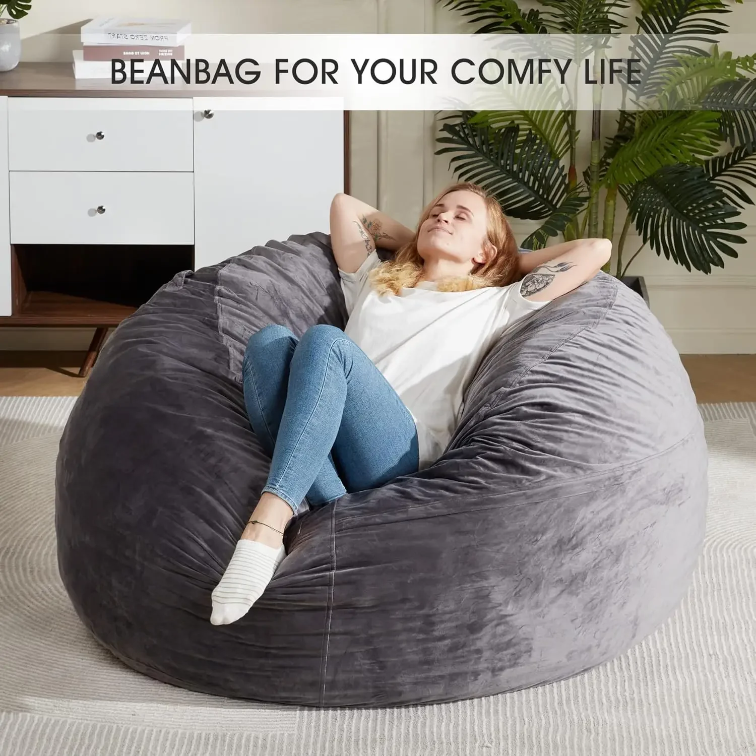 Homguava Bean Bag Chair: Large 5' Bean Bags with Memory Foam Filled, Large Beanbag Chairs Soft Sofa with Dutch Velet Cover-56&times;