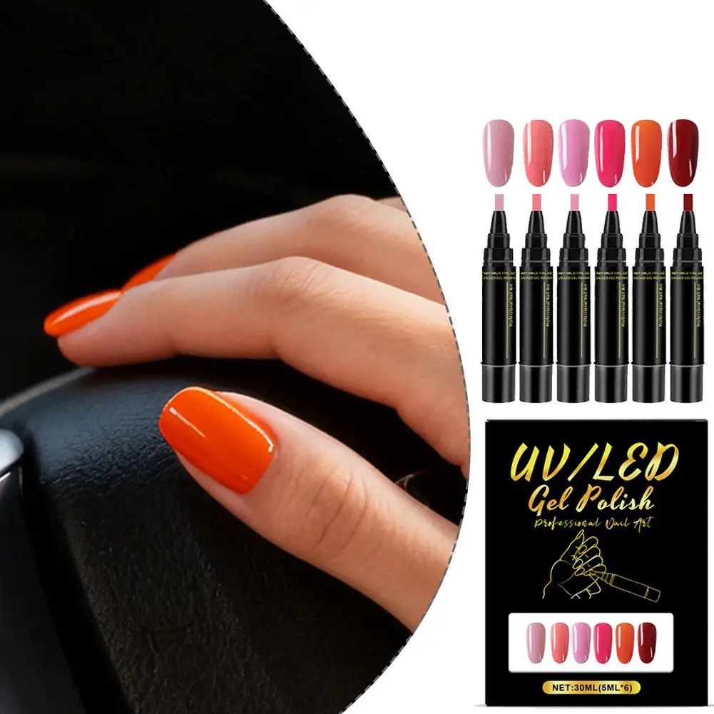 6PCS 멀티 컬러 3-in-1 젤 네일 펜 5ml 빠른 건조 비-UV DIY 네일 아트 디자인 매니큐어 페인팅 브러쉬 도구 세트