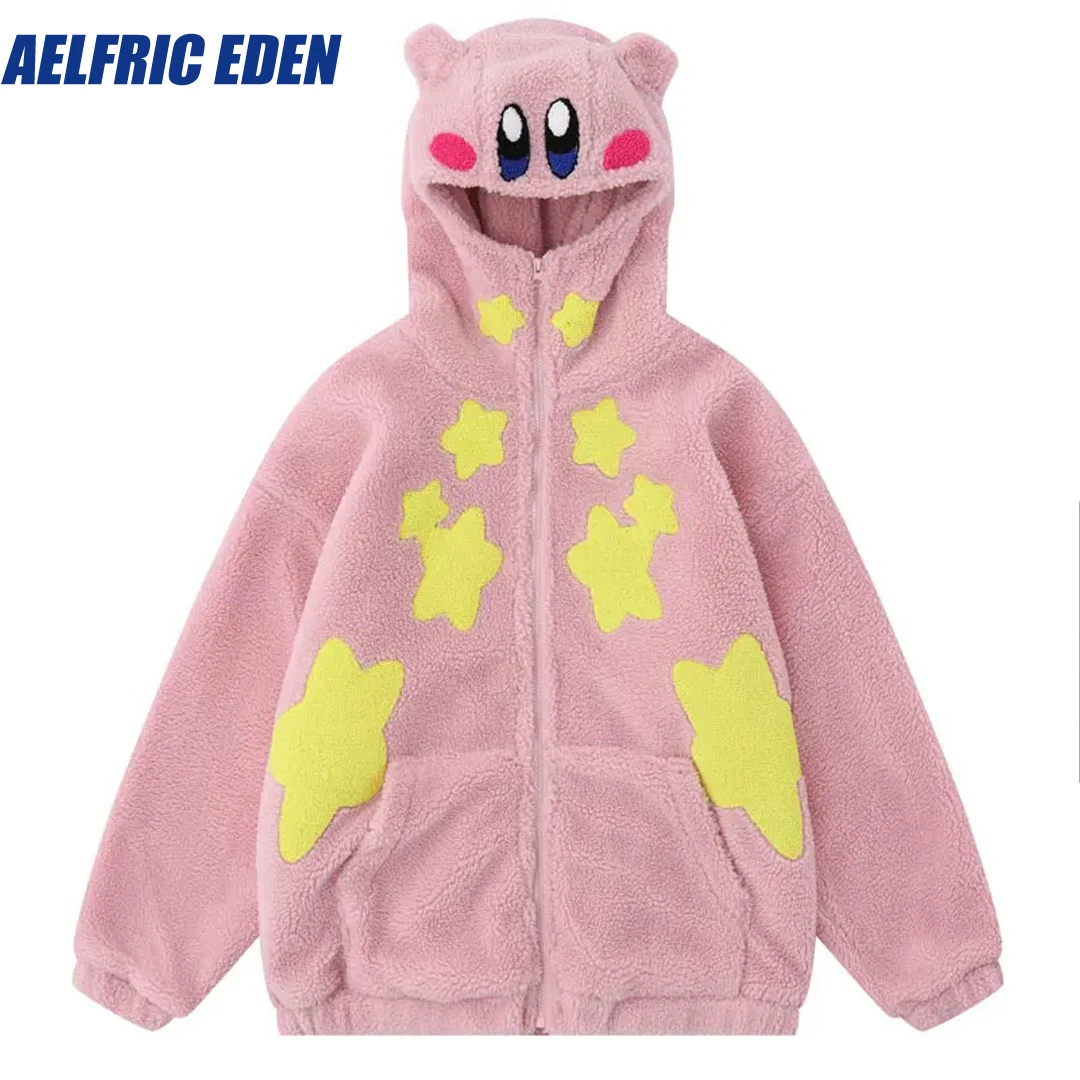 

Aelfric Eden Winter Fluffy Hooded Jacket with Bear Ears Harajuku Embroidery Star Cute Fuzzy Plush Fleece Warm Teddy Coat Jackets