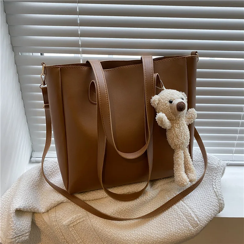 

2023 New Fashion Soft Leather Tote Bag Autumn Winter All-match College Student Class Women's Bag Shoulder Messenger Bag Women