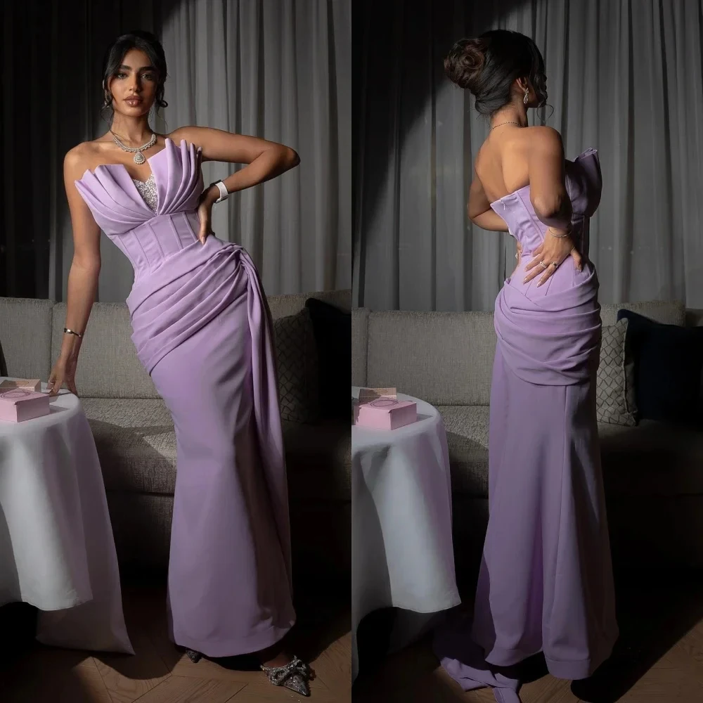 

Chic Pleats Sweetheart Evening Dress Floor Length Lilac Satin Formal Occasion Gown Crystals Beaded Long Mermaid Prom Robe 2024