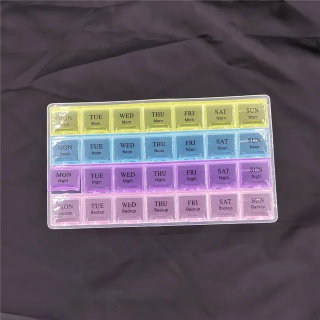 1 pièces 4 rangées 28 carrés/3 rangées 21 grilles/2 rangées 14 grilles hebdomadaires 7 jours tablette pilule support de la boîte médicaments stockage organisateur conteneur étui 4