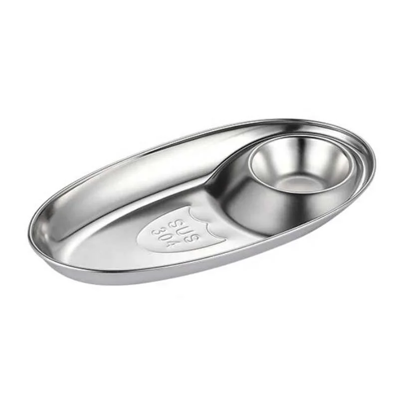 

304 Stainless Steel Compartment Snack Plate Oval Sushi Shrimp Dumpling Sauce Dish Barbecue Snack Seasoning Dish
