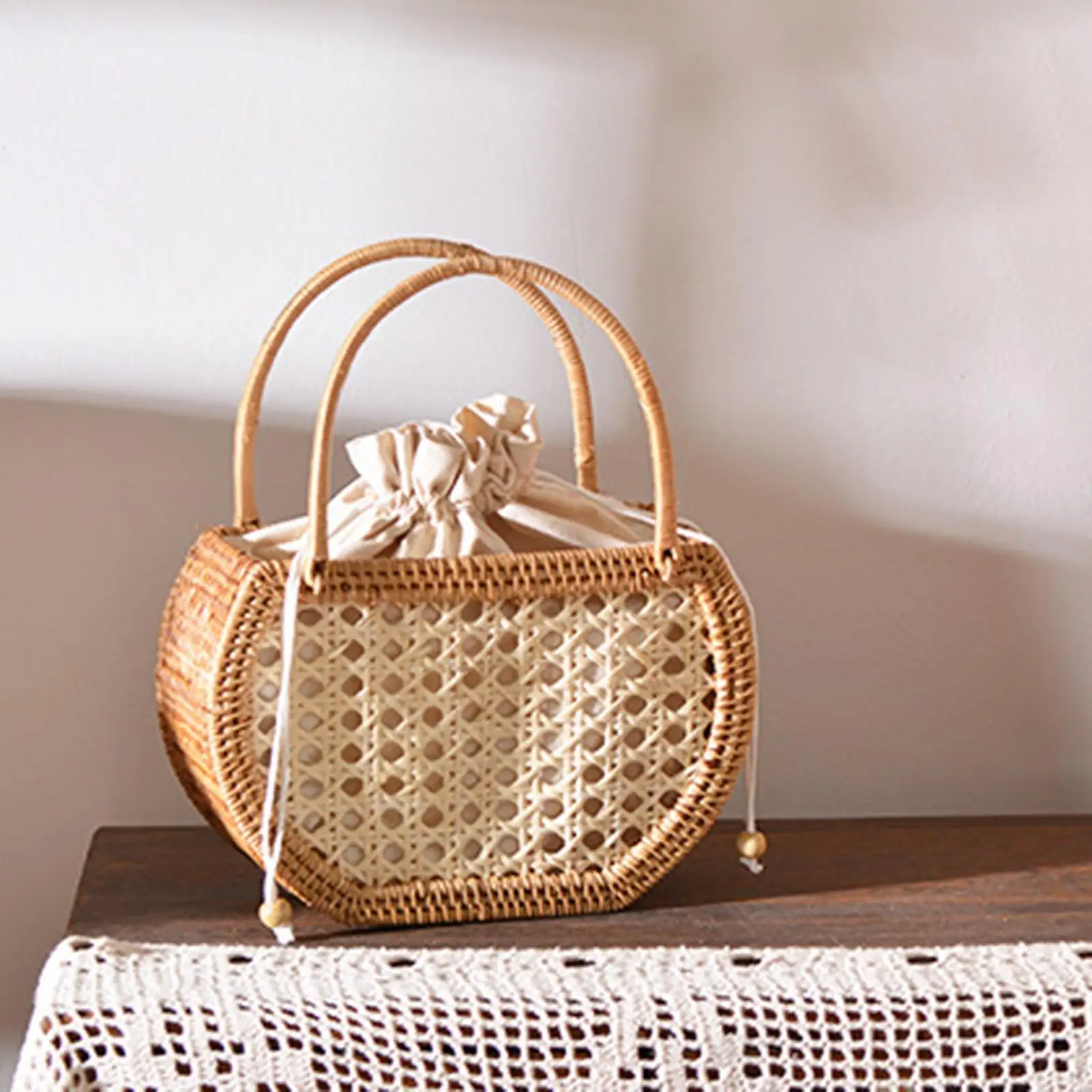 Boho Style Hand Woven Rattan Handbag Picnic  Travel Clutch Bag Hand Basket Rectangle Rattan Portable Bag