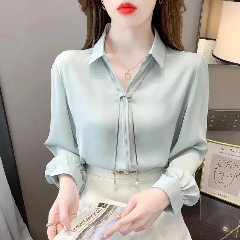 Office Lady Light Colour Unique Temperament Turn Down Collar Blouse Thin Metal Chain Decoration Lantern Sleeve Female Chiffon cct cob led strip light 24v double color dual colour high density linear tape 2700k to 6500k cri90 ra90 dimmable ribbon rope fob