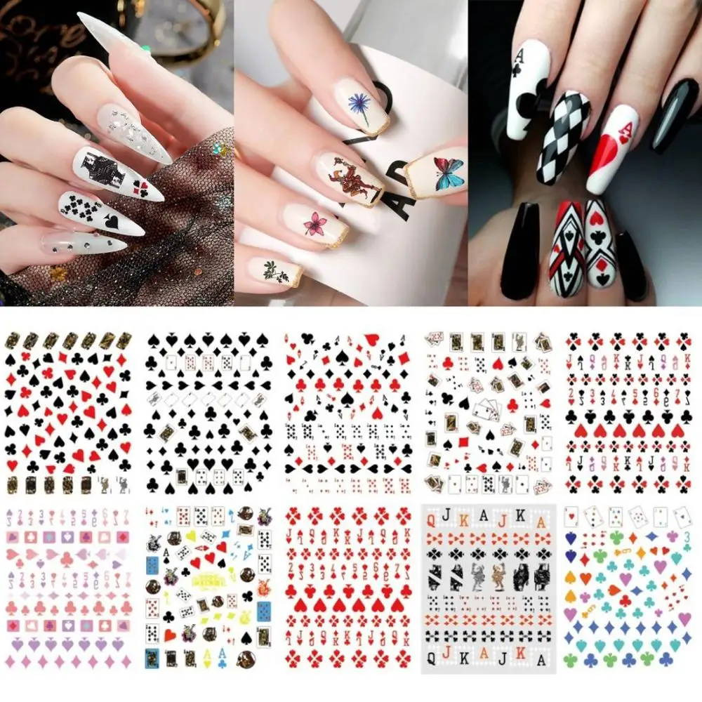 

Adhesive Nail Art Stickers Slider Nail Decorations 3D Poker Design Spades Red Hearts Playing Cards Nail Decals