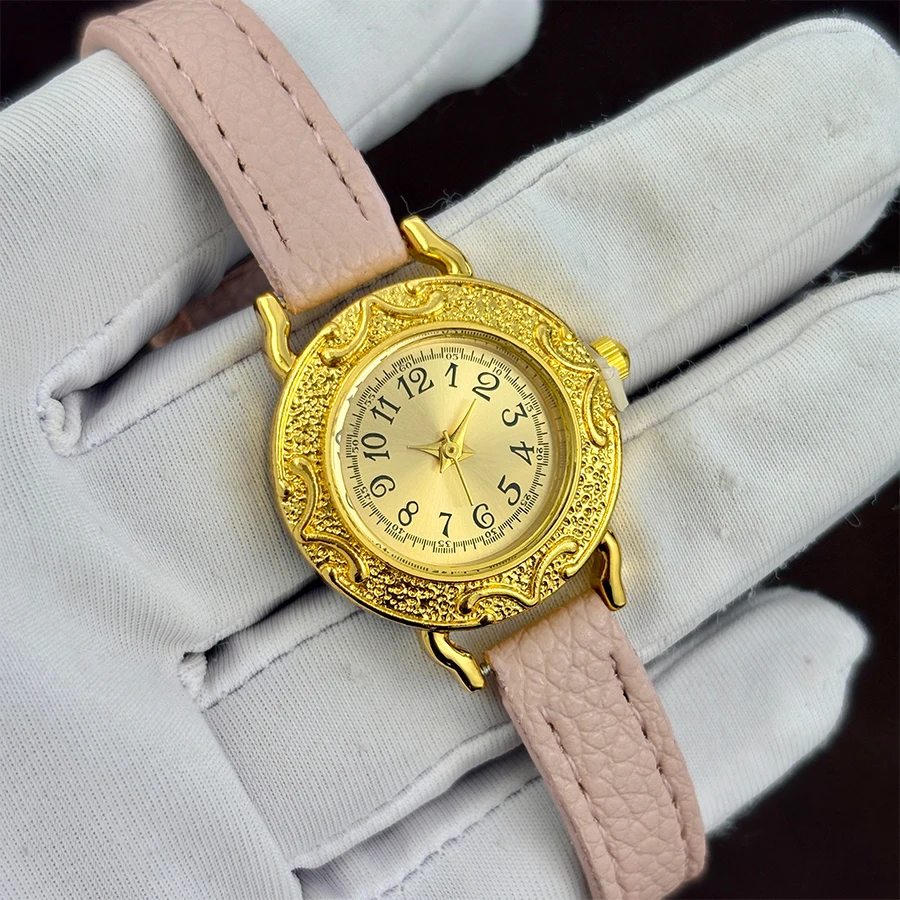 Women's Retro Leather Wrist Watch with Slim Gold Strap and Round Dial