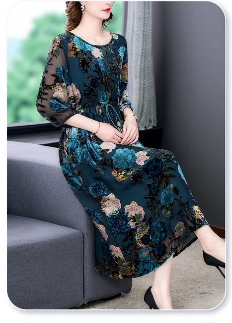 2023 autunno nuovo velluto di seta blu floccaggio stampa abito