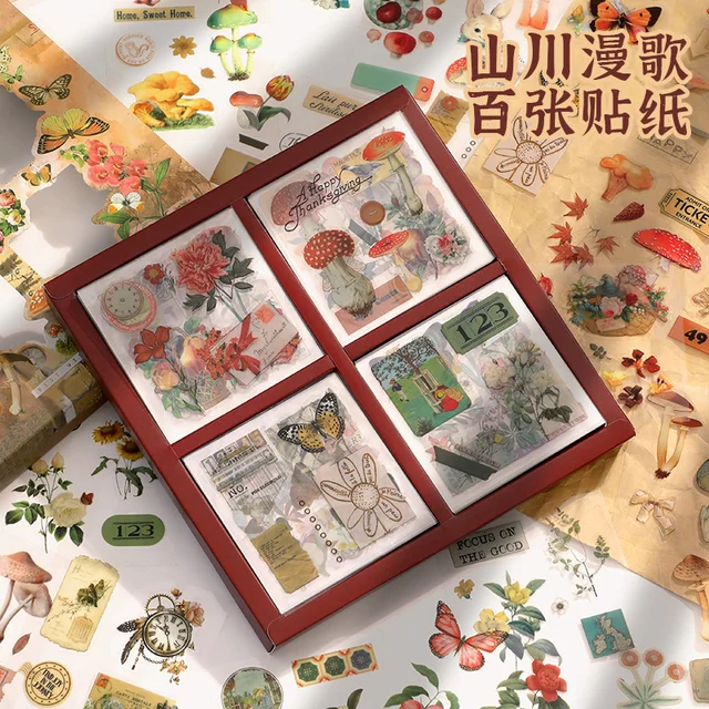 Simno 100 Sheets Flowers Mushroom Stickers Retro Literary Decorative Sticker Set Stationery Wholesale Mountains