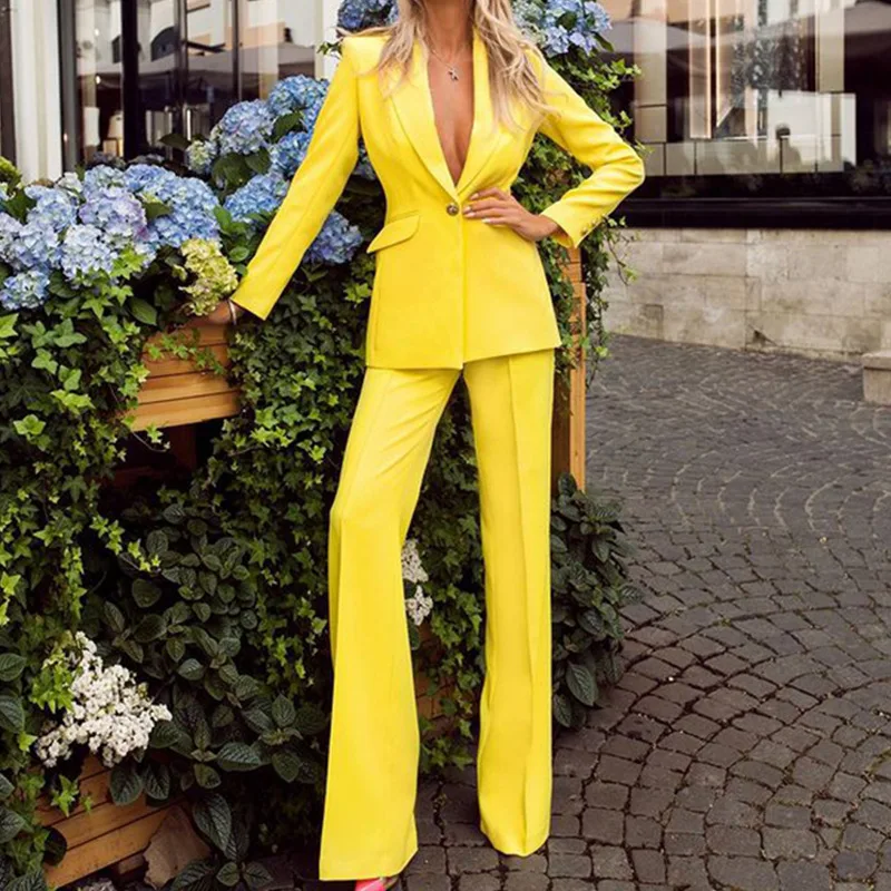 

Tesco Lady's Pantsuit Solid Blazer Straight Pants Suit Sets 2 Piece Bright Color Office Outfits For Female ropa de mujer