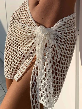Women Beach Skirt Hollowed Solid Black White Yellow Green Knitted Mini Skirt For Women Summer Vacation Seaside Cover-Up Skirt 1
