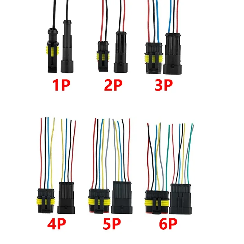 Car Motorcycle 5Sets AMP Waterproof Electrical Auto Connector Male Female Plug with Wire Cable harness 1P 2P 3P 4P 5P 6P Way