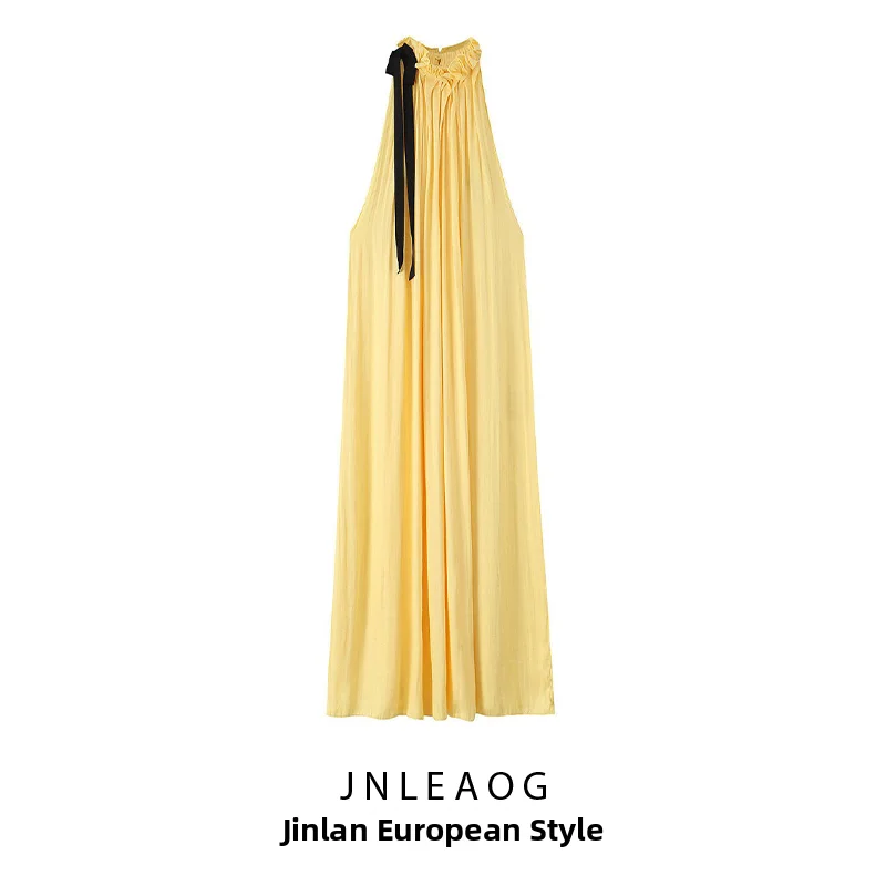 JNLEAOG Summer New Fashion Color Block  Knot Neck Dress Women's Clothing European Style Polyester Casual Dress