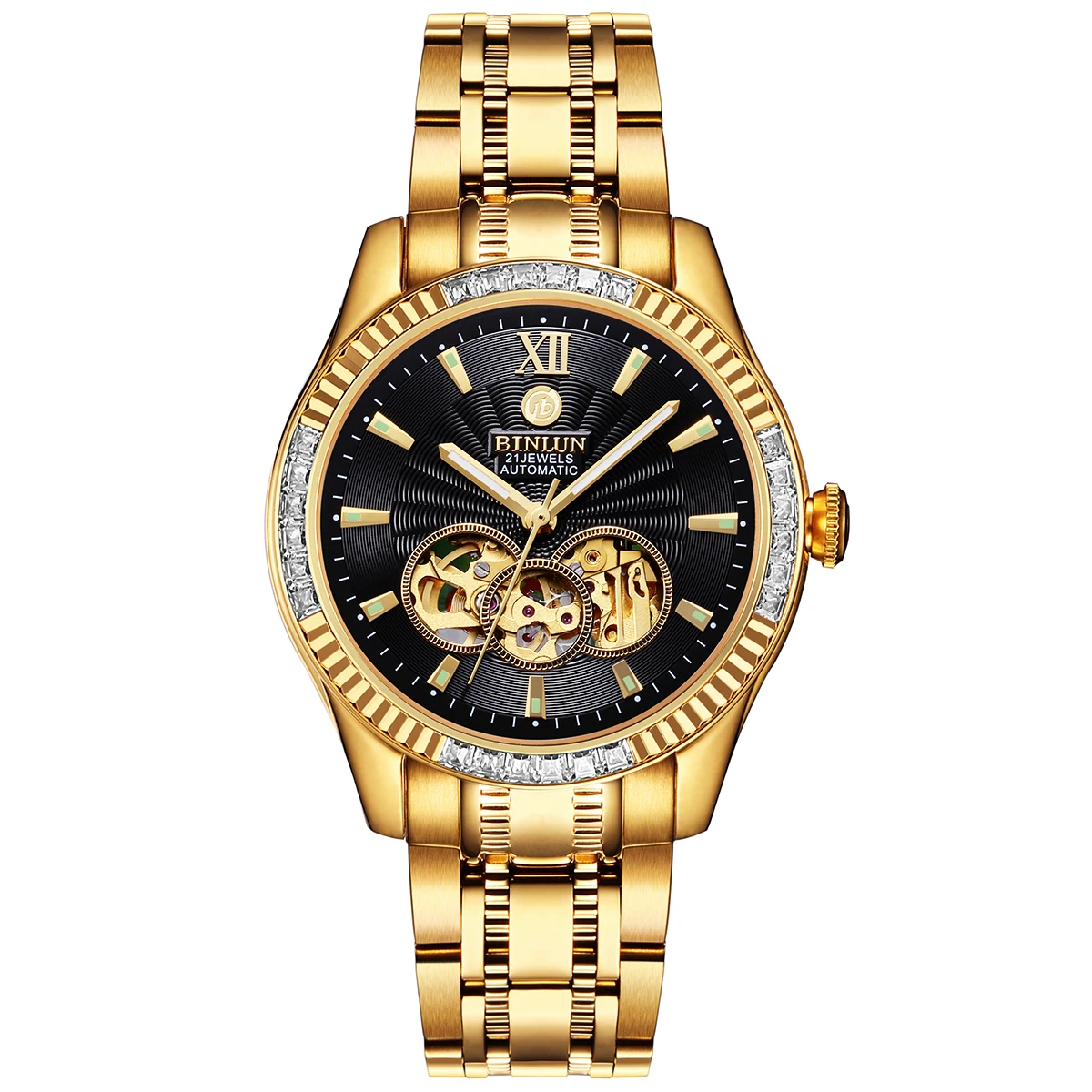 

Men's Luxury Watch Automatic Mechanical Stainless Steel Strap Watch 18K Gold Plated Diamond Watch Waterproof Skeleton Wristwatch