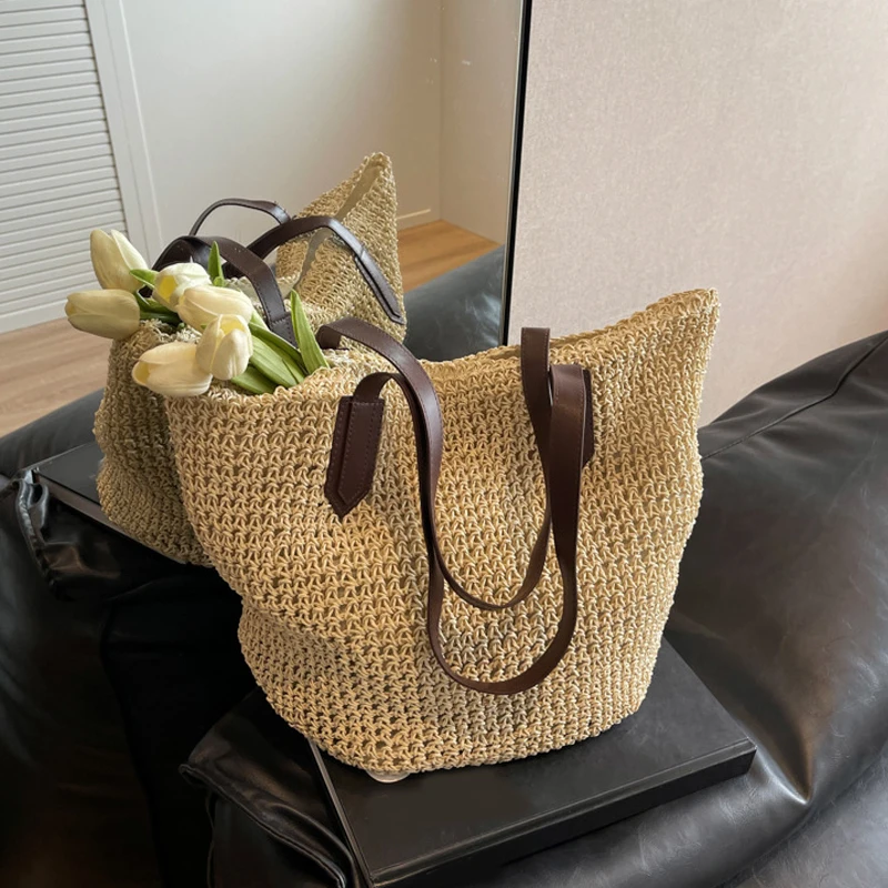 Women Shouder Bag Bohemian Straw Handbag Summer Beach Woven Underarm Bag Large Casual Knitted Bag Crochet Tote Bag
