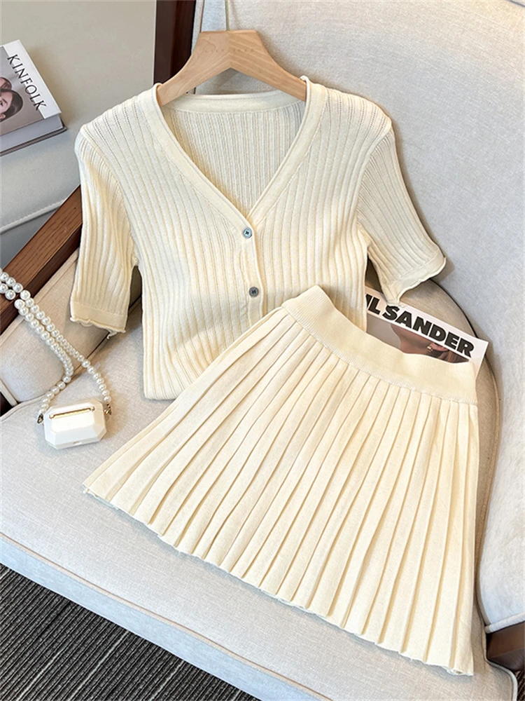 Women Sweater Summer 2 Piece Sets Elegnat Knitted Suits Female Sweaters Vintage Womens Skirt High Waist Summer Vintage Vestidos