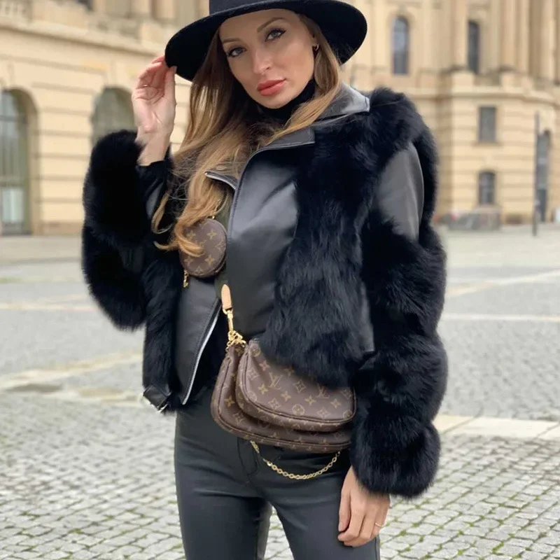 Winter Women's Warm Clothing Fox Fur Jacket Stitching Black Faux Fur Coat