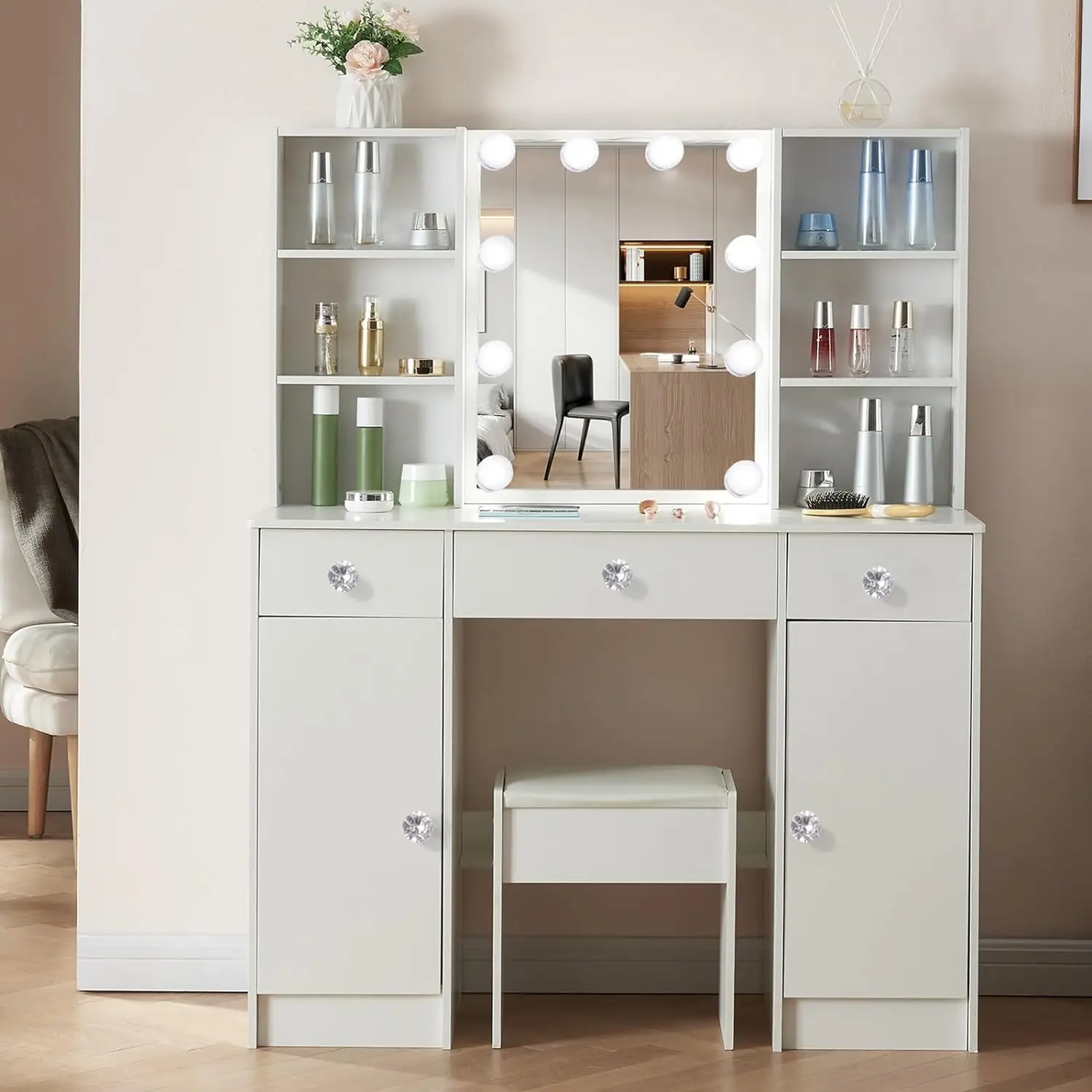 

Vanity Desk with Mirror, Chair and 10 Lights, Makeup Desk with 3 Drawers and 3 Color Modes Available for Bedroom Girls Women