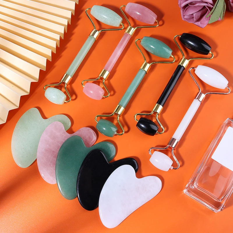 Facial Gua Sha Massage Roller Scraping Board Set Double Headed Resin