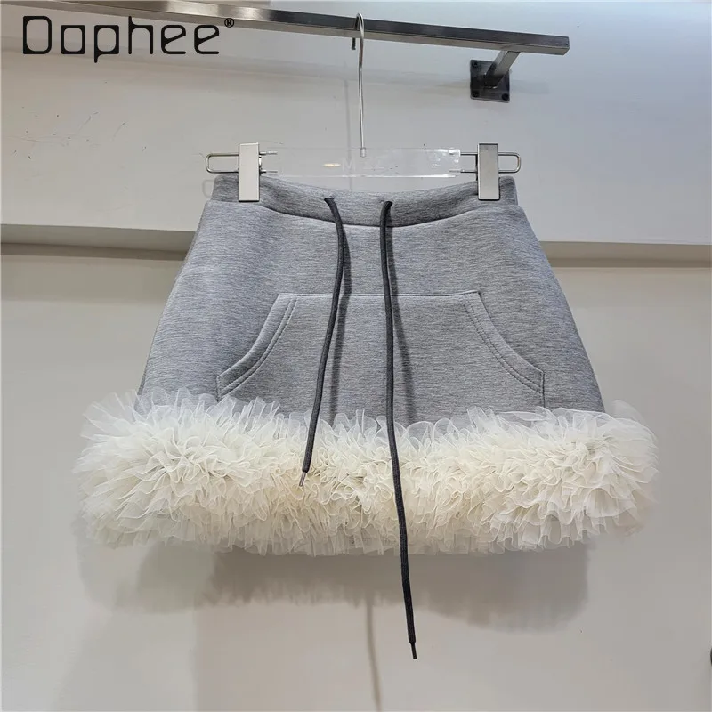 2024 Early Spring New American Gray Skirt Female Y2K Fashion Cute Gray Sweatshirt Fabric Lace Slimming Short Skirts for Women girls cute pearl princess shoes new spring autumn non slip performance party leather shoes children s fashion soft sole shoes