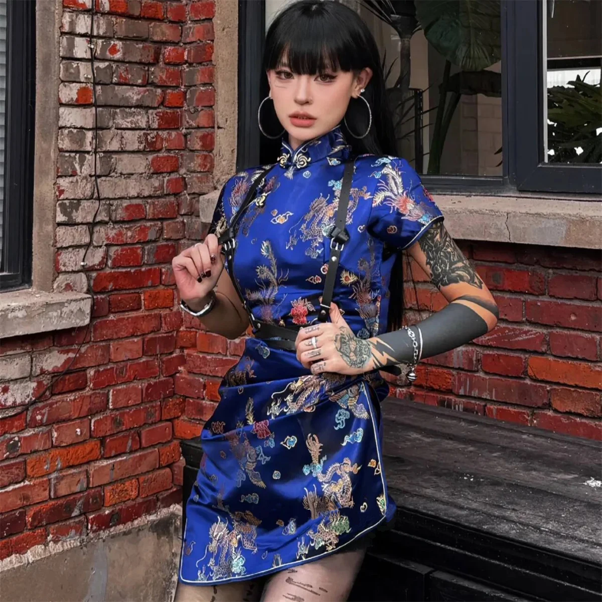 Plus Size Cheongsams Qipao Vintage Chinese Dress Dragon Phoenix Print Short Satin Gothic Streetwear Oriental Mini Dresses