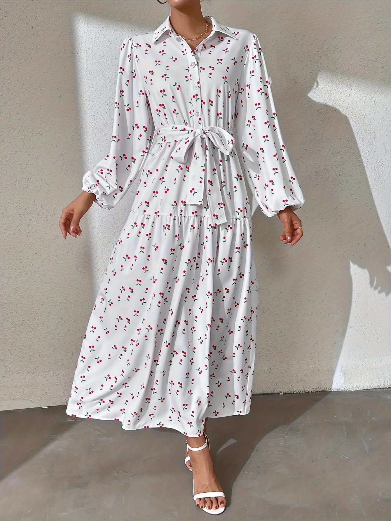 Ramadan Abaya Floral Print Button Front Dress, Casual Lantern Sleeve Dress For Spring & Fall, Women's Clothing Kebaya Kaftan