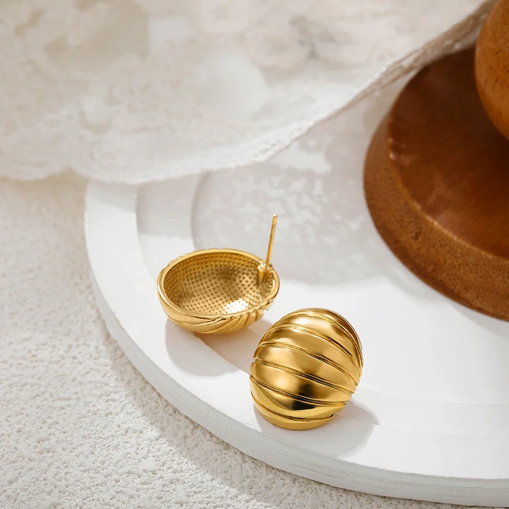 Statement Dome Striped Stud Earrings for Women Chunky Oval Geometric Stainless Steel Earring Party Gifts Hiphop Jewelry Bijoux