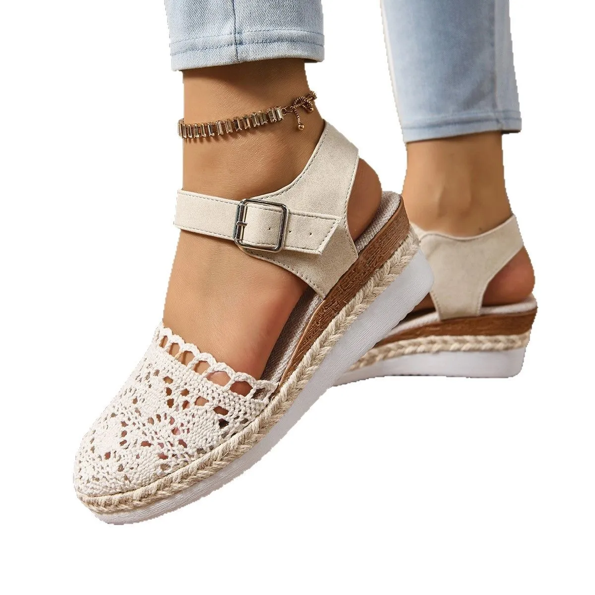 Summer New Hollow Women Platform Sandals Large Size Closed Toe Women Wedge Shoes Casual Heeled Shoes for Women Wedges Sandals