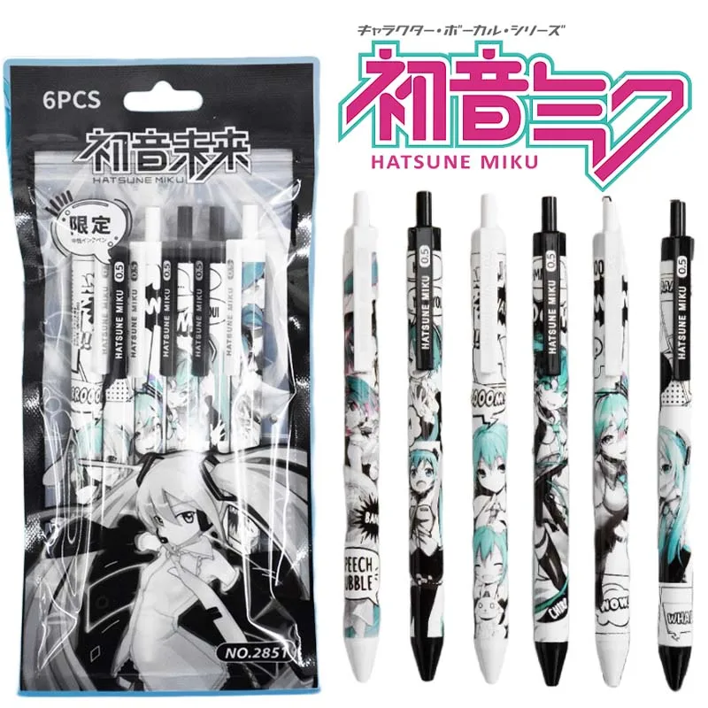 하츠네 미쿠 프레스 뉴트럴 펜, 블랙 리필 젤 펜 세트, 총알 팁 0.5mm, 학교 사무용품 문구 액세서리, 6 개