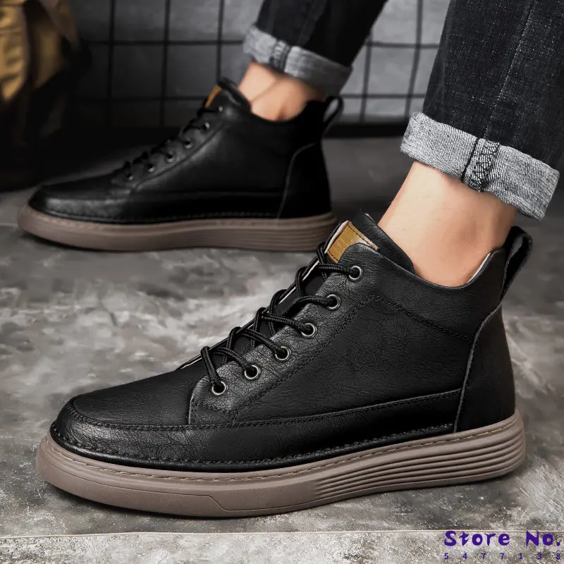 

Winter Boots Ankle Boots Outdoor Leather High Quality Plus Velvet Black Sports Thick Sole Men Boots Elastic Strap Casual Shoes