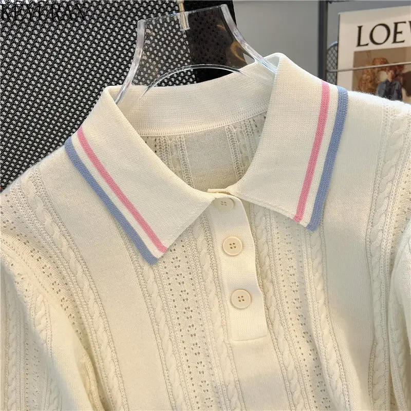 Polo Collar White Pullover Sweater Women Knitted T-Shirt Spring Summer 2023  Loose Casual Short Sleeve Knitwear Tops Woman Tees