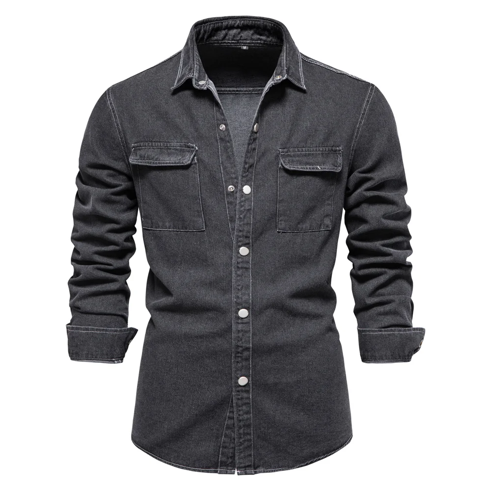 AIOPESON 100% Cotton Men Denim Shirts Solid Color Double Pocket