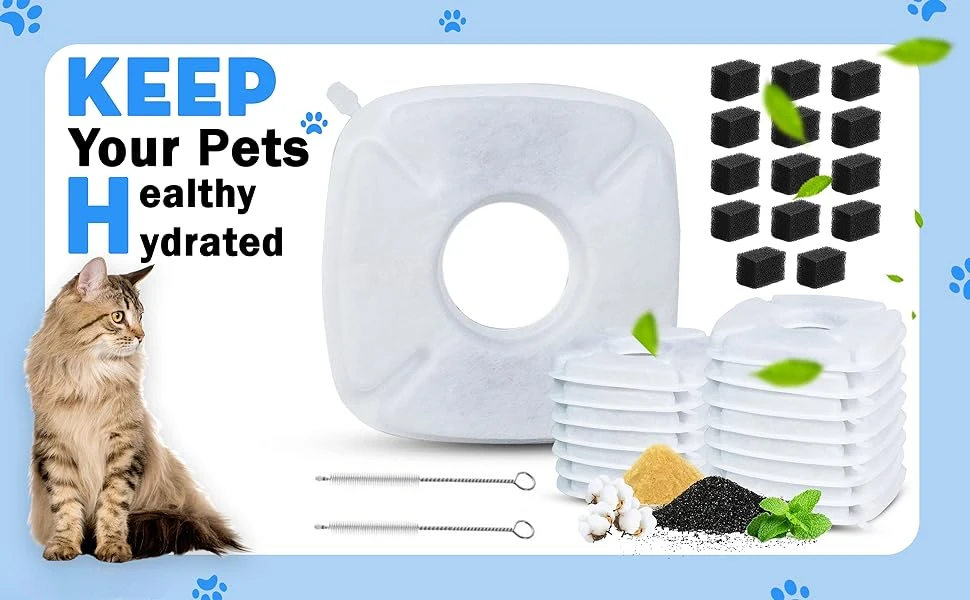 8-Pack Replacement Filters For Veken 95oz Pet Fountain - 4 Carbon Filters & 4 Pre-Filter Sponges