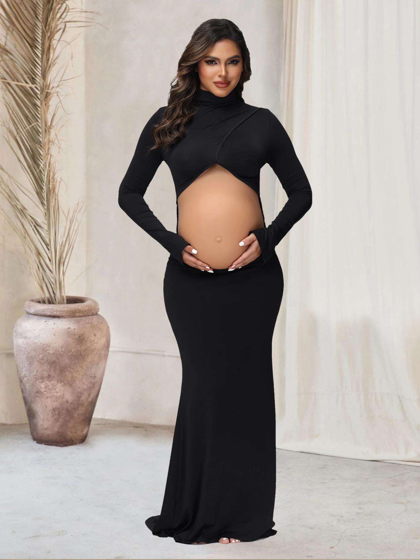 Pregnancy Dress Photography Props Maxi Gown Turtleneck Full Sleeve Cut Out Belly Bodycon Maternity PhotoShoot For Baby Shower 4 S2ba5885a935342038767d033ae082608W