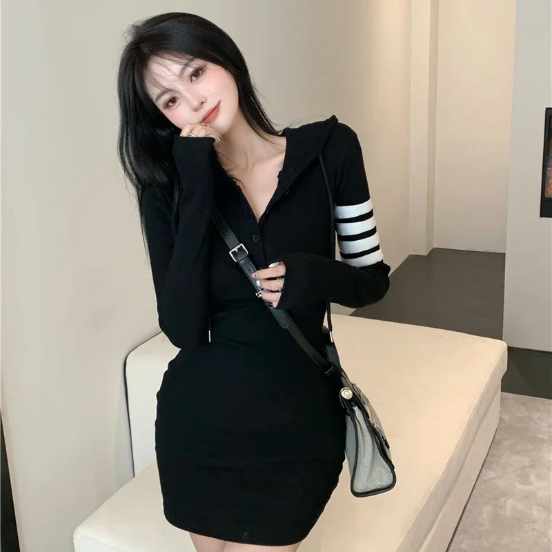 

2023 New Fashion Fall Sexy Korean Clothes For Women Cultivate One's Moral Character V-neck Appear Thin Hoodies Long Sleeve Dress