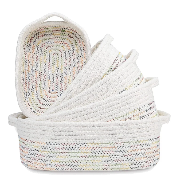 

5-Piece Rectangle Storage Basket Set Cotton Rope Woven Baskets For Organizing ,Baby Nursery, Dog Toy Baskets