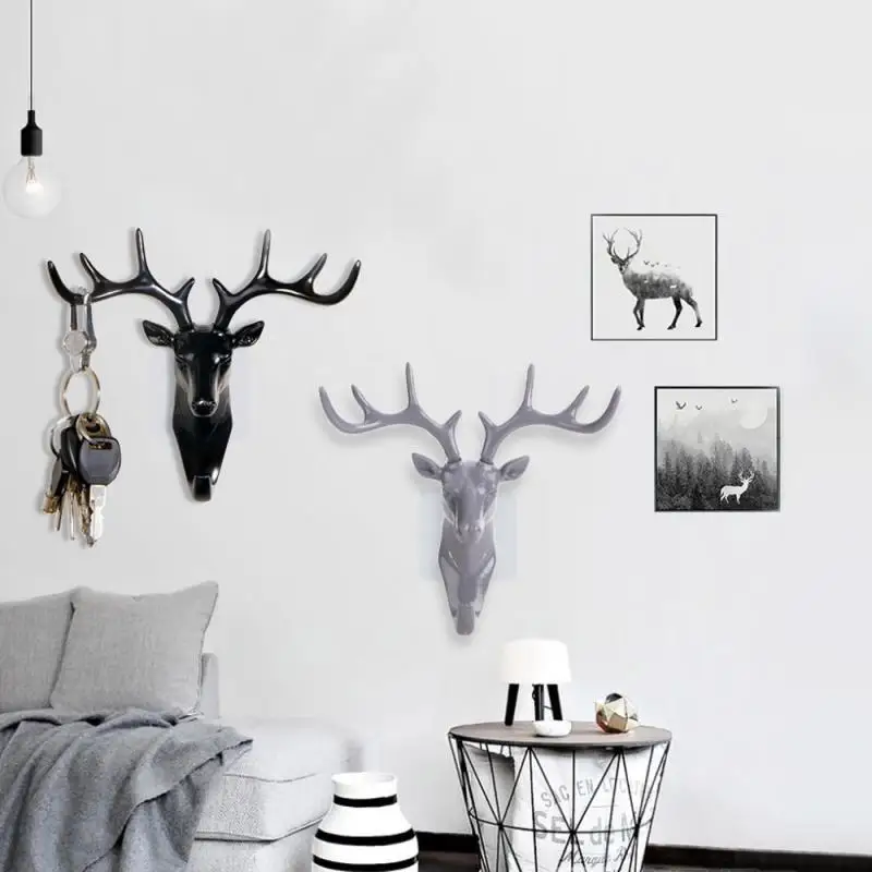 

Nail-Free Deer Head Hooks Self Adhesive Deer Antler Hooks Decorative Animal Wall Key Holder Wall Hooks for Home Office Decor