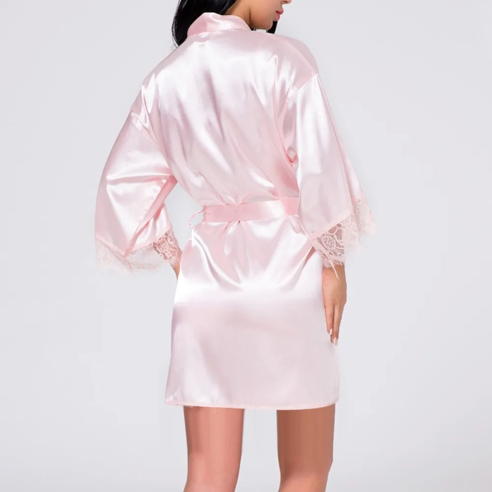 Women's Sexy Lace Stitching Silky Satin Romance Bathrobe Nightwear Leisure Half Sleeve Translucent French Nightgown women dress women sleepwear silk robe