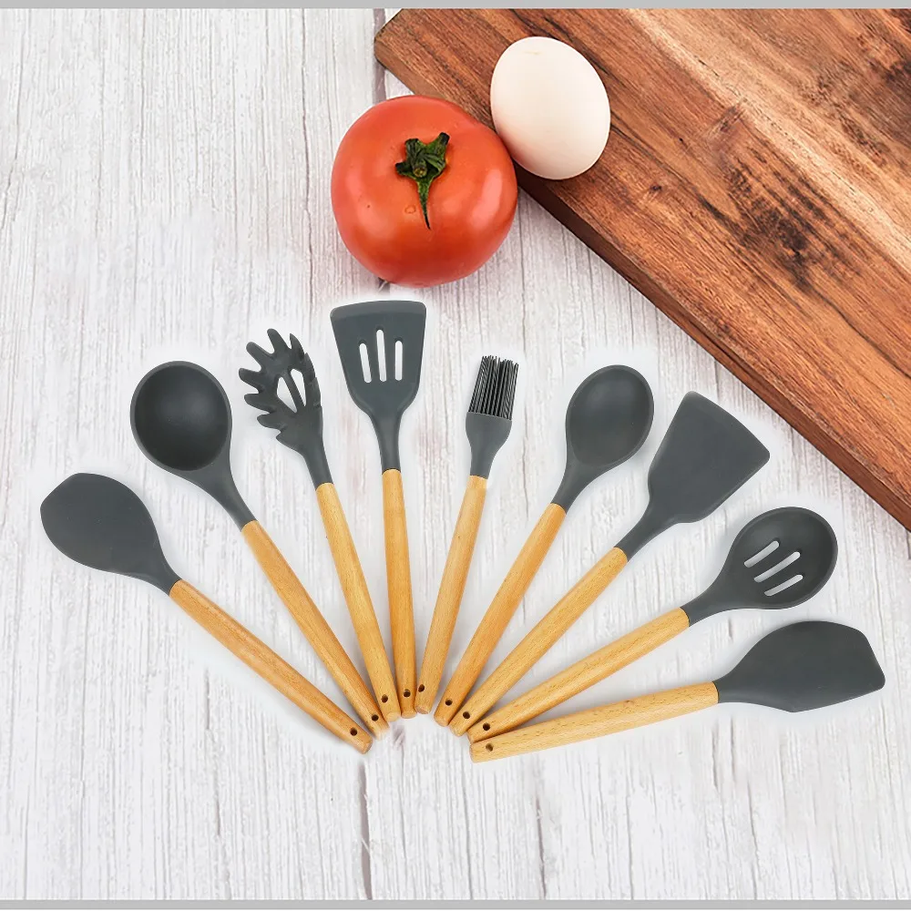 12pcs Silicone Kitchen Utensils Ergonomic Wooden Handles