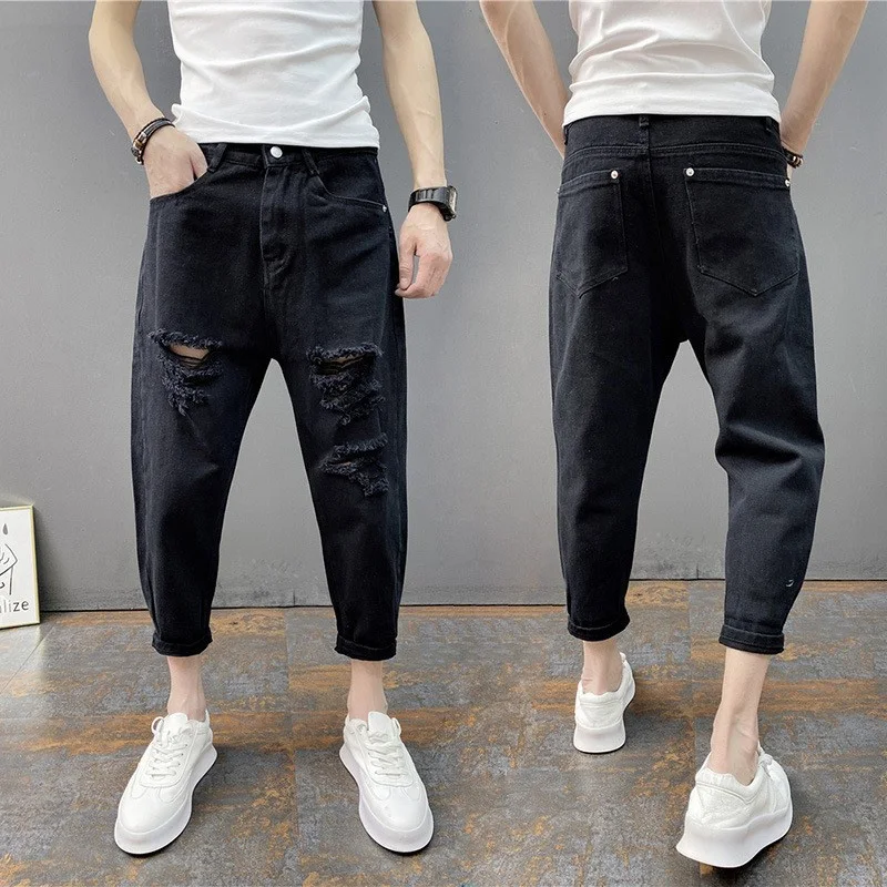 Ripped Jeans White Jeans Ripped Patchwork Jeans Korean Ankle-Length Men Breathable Slim Fit Four Season Narrow Leg Harem Trousers