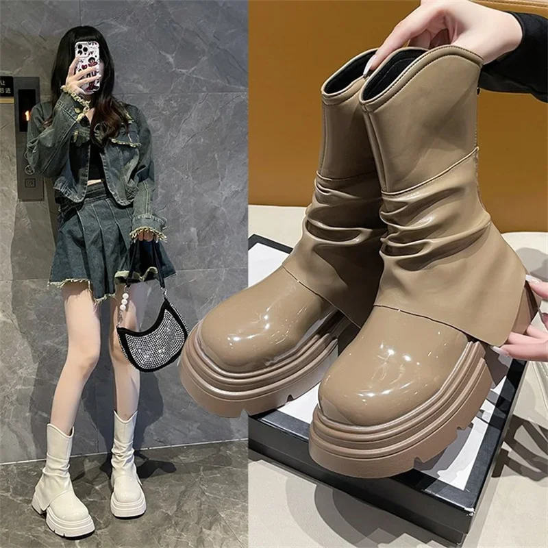 

2023 New Platform Boots Gothic Short Boots Fashion Back Zippers Ankle Boots Platform Thick Sole Ladies Chelsea Booties Size35-40