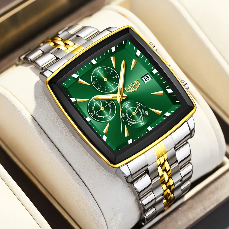 LIGE Fashion Men's Luminous Waterproof Chronograph Wristwatch with Date Function - Square Quartz Design, Includes Box