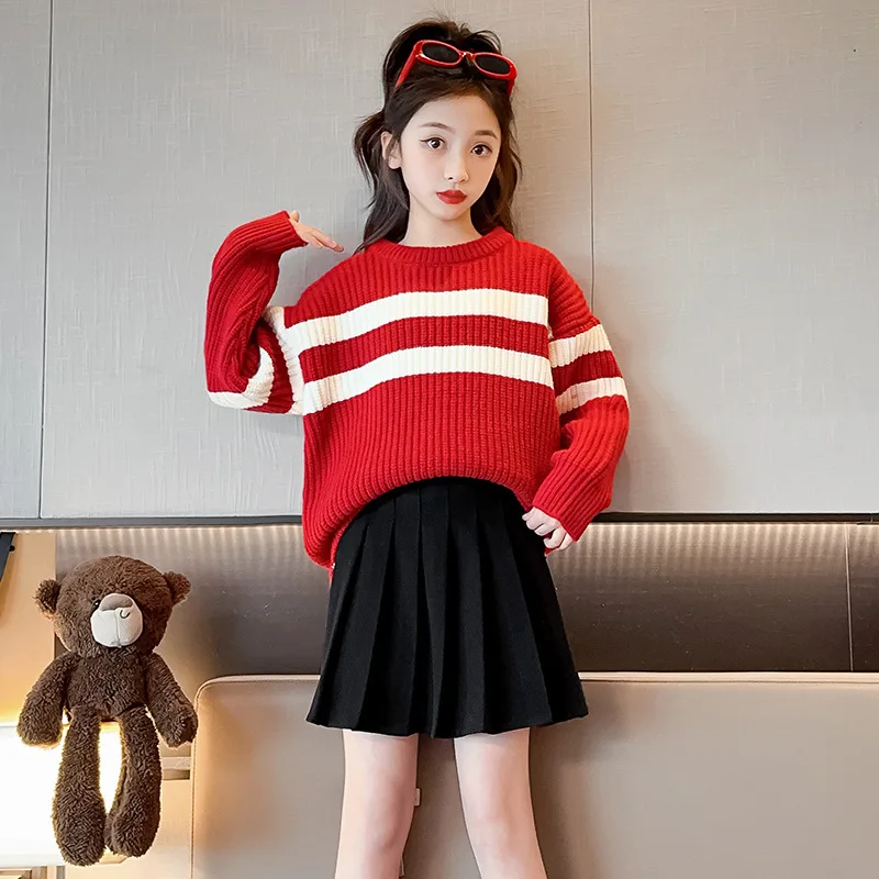 

Korean Autumn Winter Teenager Girl Pullovers Junior Girl Sweater Classic Striped Elementary Girl Cropped Sweaters Kid Knitwears