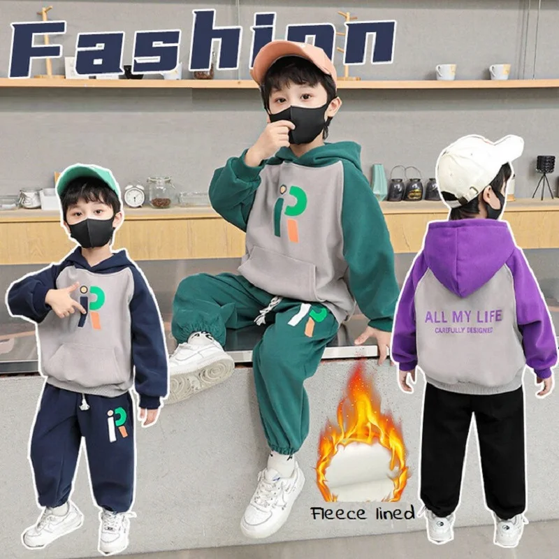 

Winter Contrast Girls Boys Alphabet Therme Fleece Hoodie+Sweatpant School Kids Tracksuit Children Outfits Jogging Suit 1-11Years