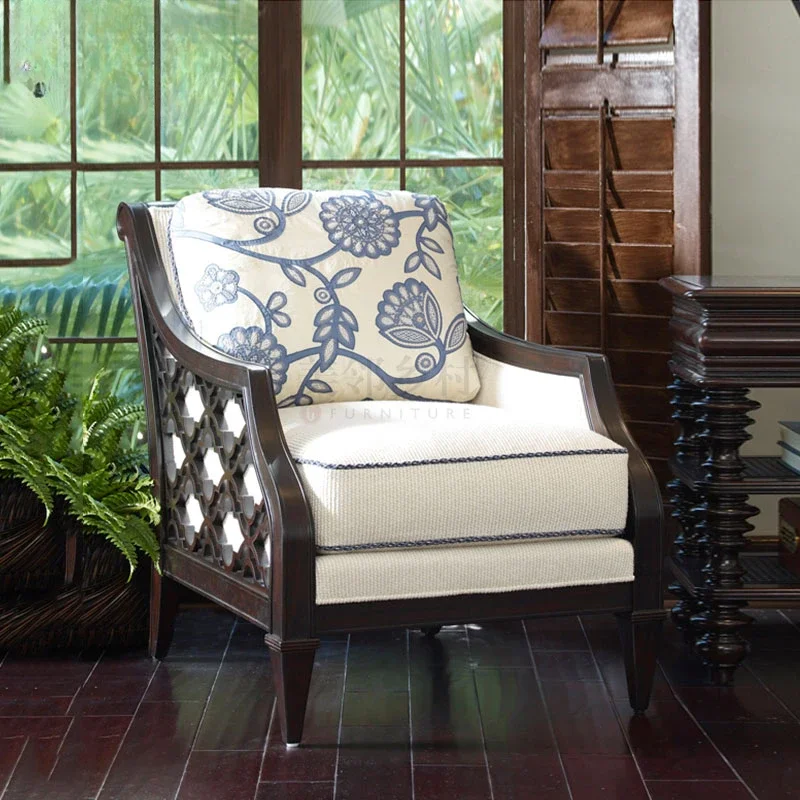 

Modern Fabric Single Sofa All Solid Wood Hollow Carved