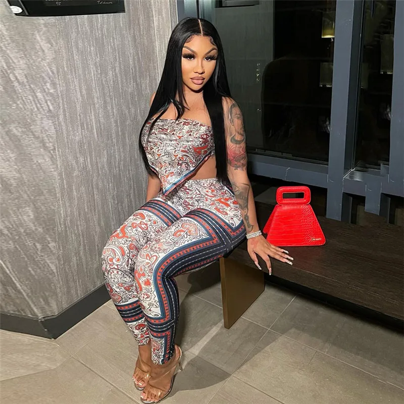 2022 Best Price Summer Women's Sexy Digital Print Chest Wrap Back Top Hip Lift Tight Tracksuit |